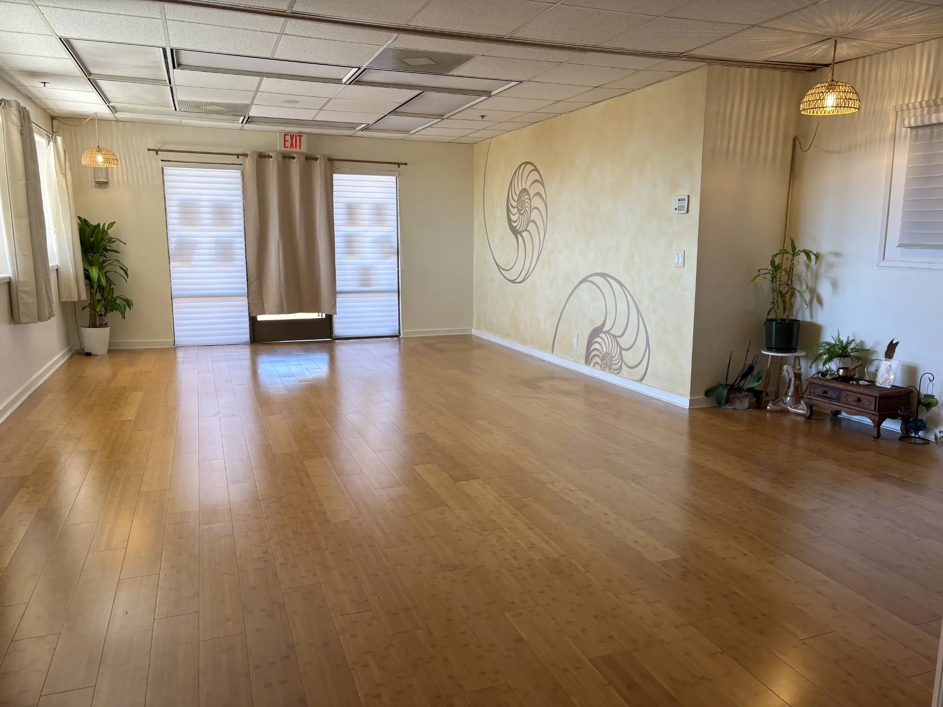 Soul Align yoga studio room with bamboo floors and a hand-painted spiral mural